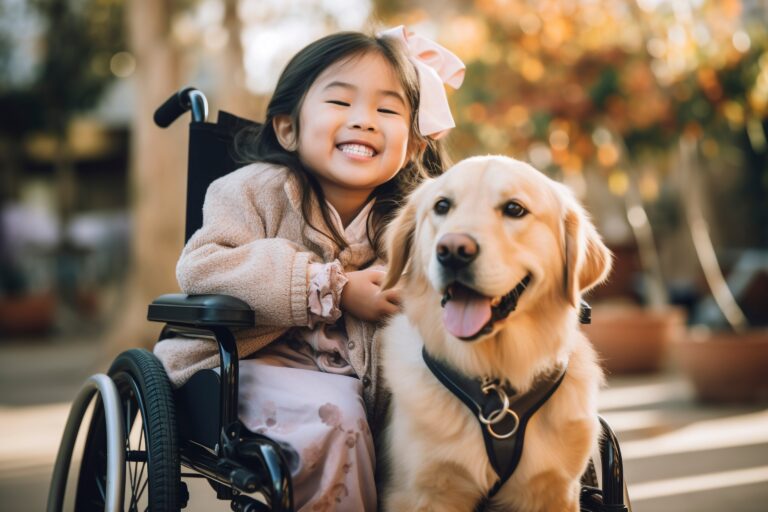 Special needs child in a wheelchair with a dog